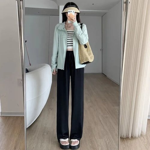 Gray sun protection pants for women in summer thin high-waisted loose straight casual wide-leg pants cool ice silk sports pants