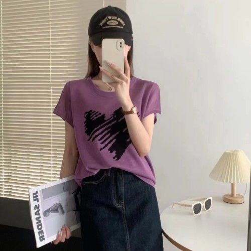 天貓品質夏季新款洋氣百搭愛心印花圓領短袖針織衫上衣女