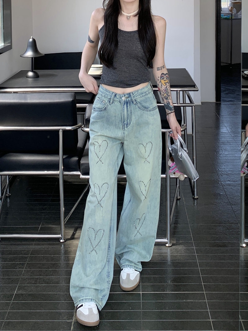 實拍#新款高腰牛仔長褲女設計感心形燙鑽直筒闊腳拖地褲子