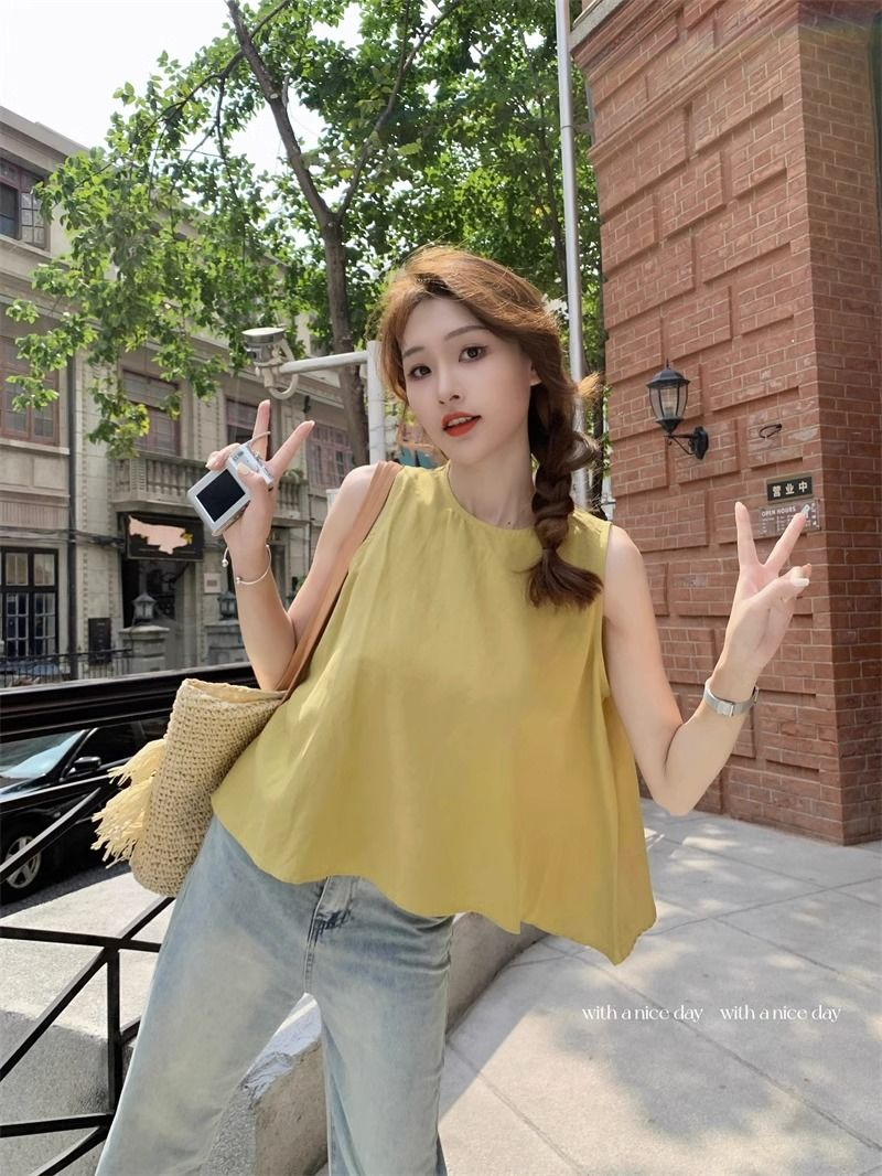 無袖露肩寬鬆背心女裝夏季新款法式小眾純色百搭圓領別致上衣