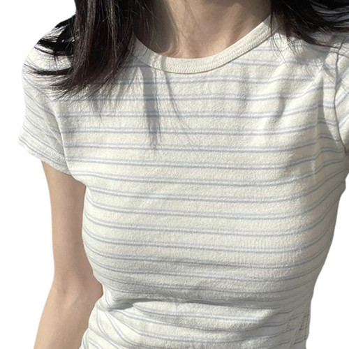 蓝白条纹正肩短袖t恤女夏季针织新款设计感小众圆领修身显瘦上衣