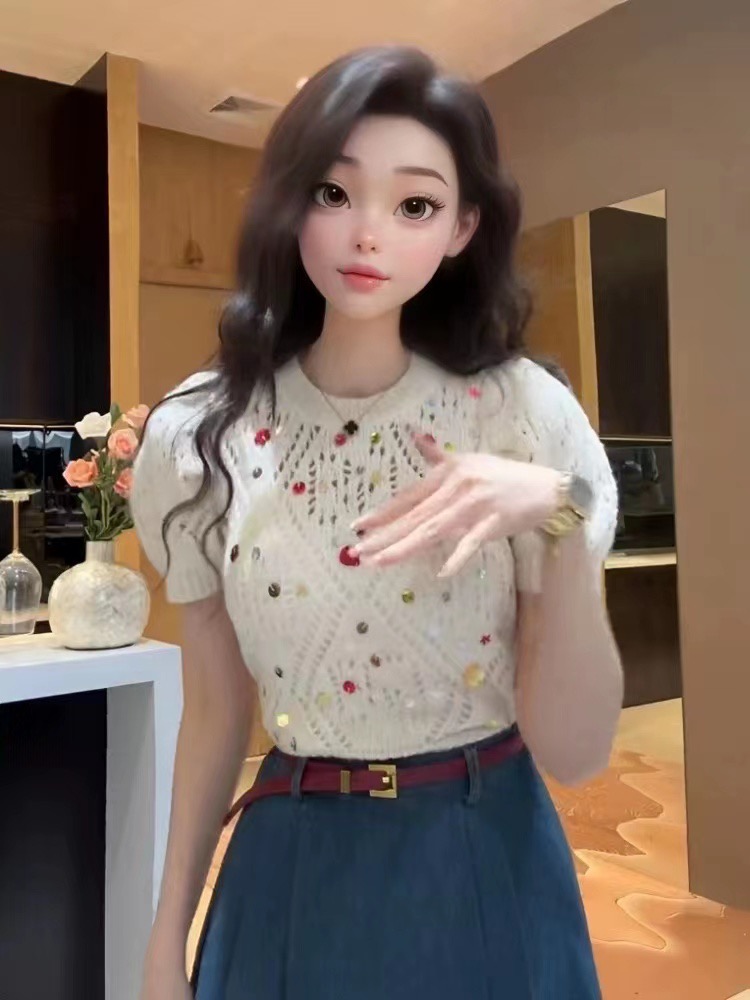 2024春季設計感鏤空亮片圓領短袖T恤女甜美高腰百搭短款針織衫