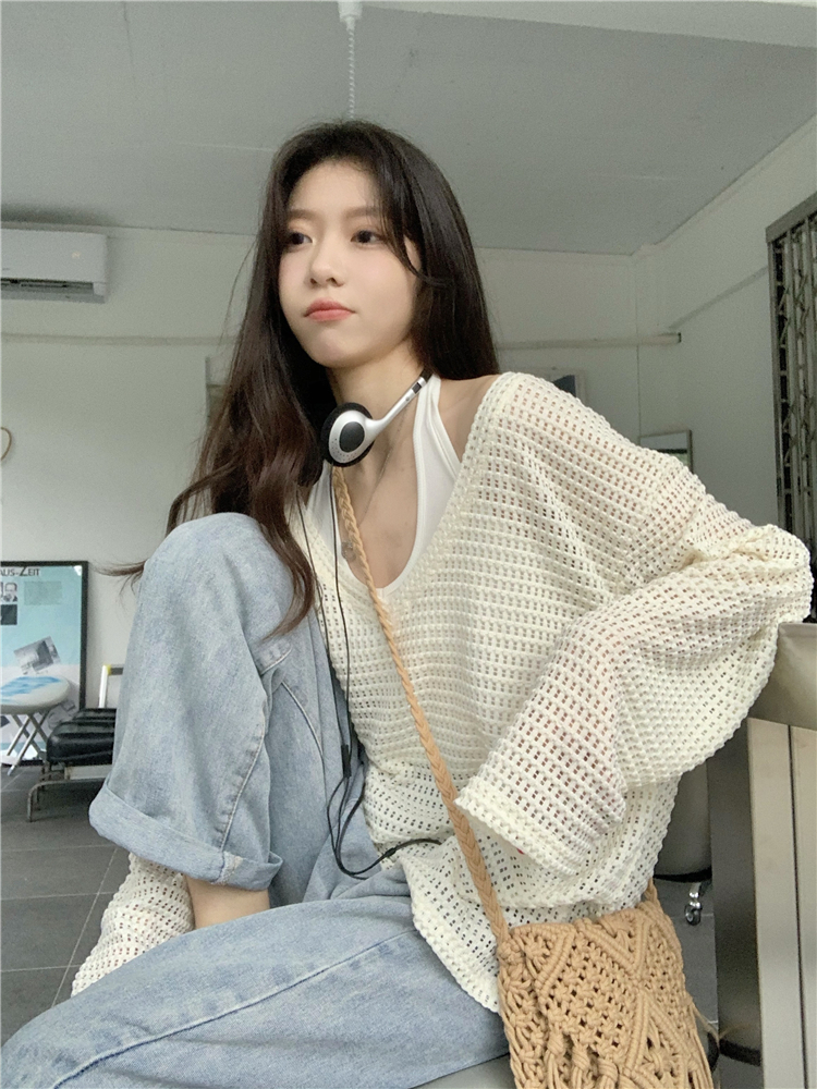 已出貨 慵懶風設計感鏤空長袖V領針織衫女夏季寬鬆高級感防曬衫