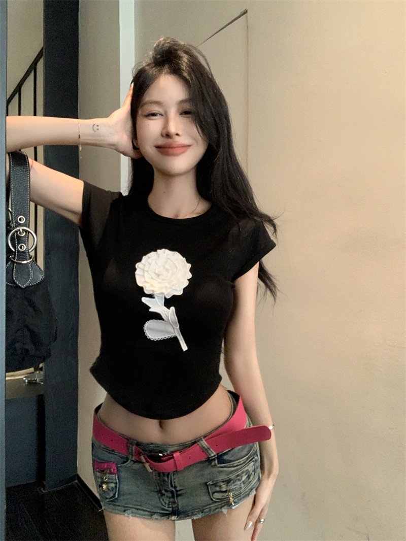 實拍 韓版純色設計感立體花朵修身百搭T恤