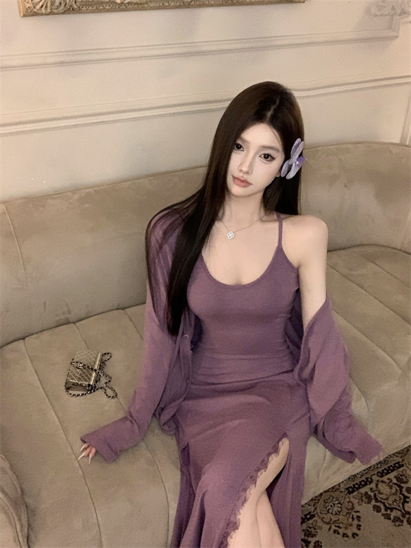 實拍~春夏性感純欲紫色開衫+蕾絲開叉吊帶連衣裙套裝