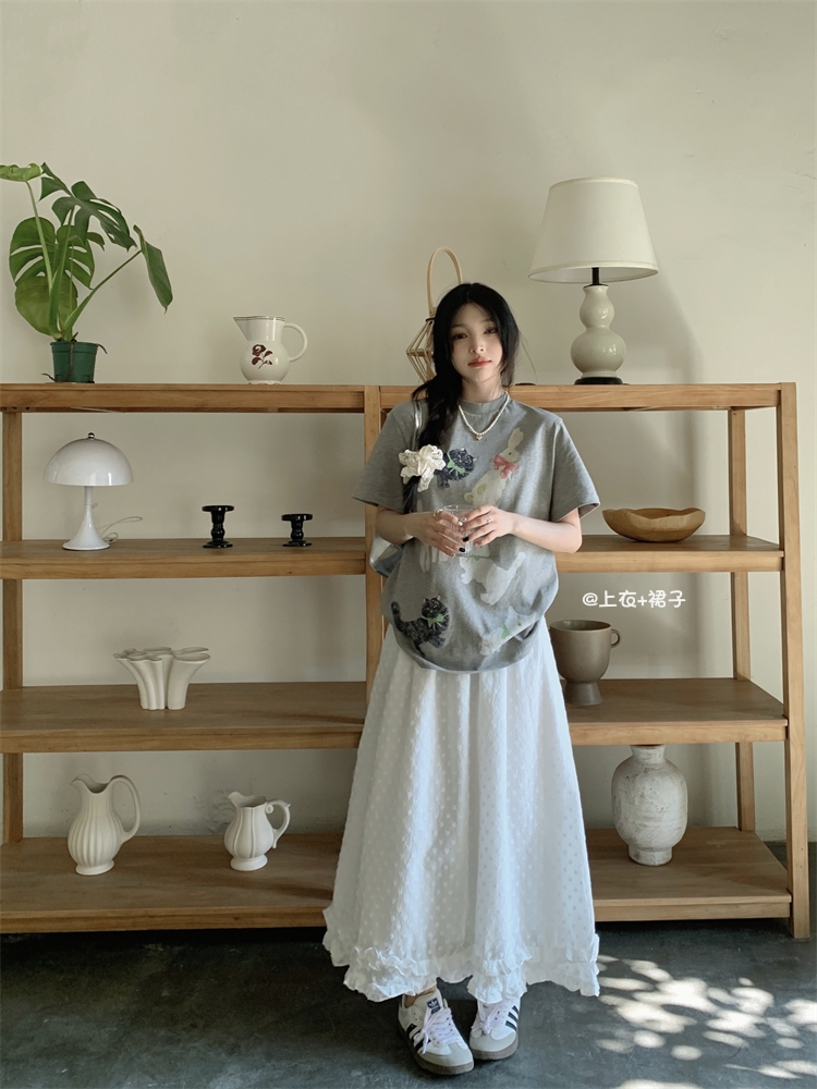 實拍：休閒寬鬆可愛綠蝴蝶結貓咪+刺繡洗水棉重工半身裙