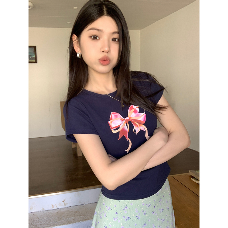 實拍chic上衣甜辣蝴蝶結印花短袖t恤夏季別致正肩休閒短款女裝