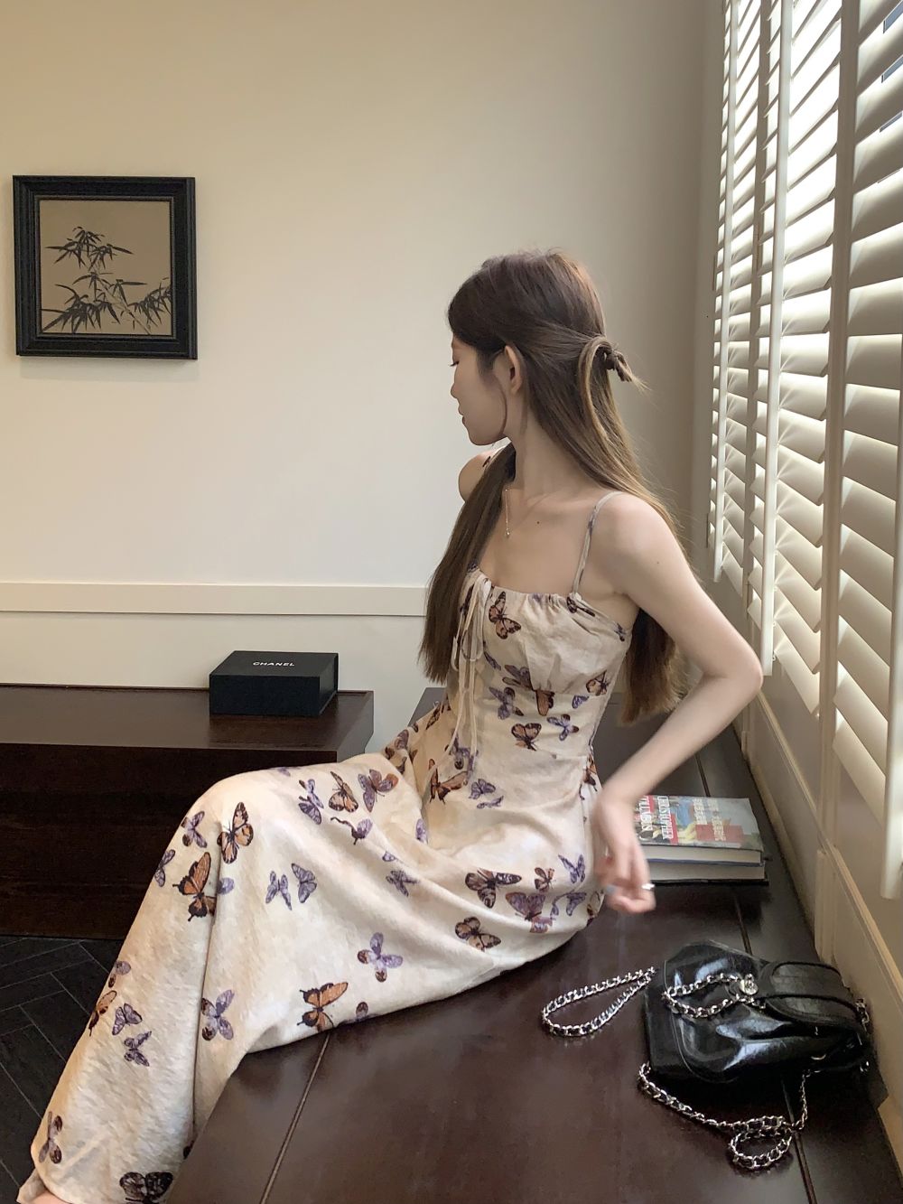 實拍法式復古印花吊帶連衣裙女春夏碎花無袖長裙女