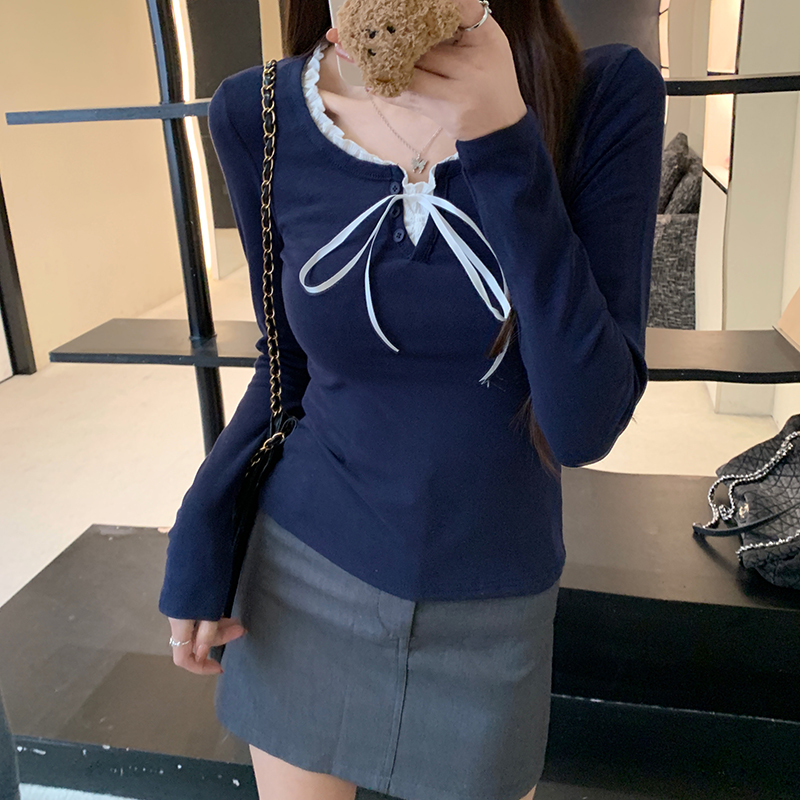 實拍 長袖t恤女裝潮春秋薄修身優雅網紗打底衫圓領上衣