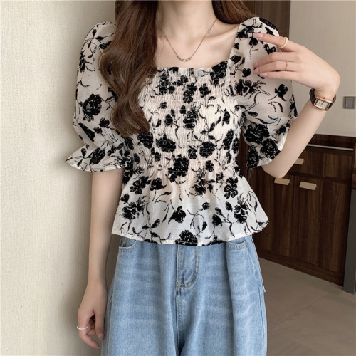 Casual chiffon shirt T-shirt floral dark new Korean style French square collar high-end waist slimming short-sleeved top