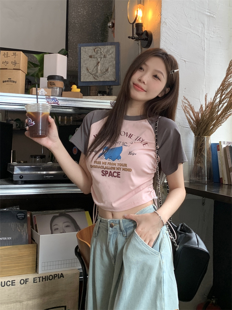 實拍！撞色卡通印花辣妹修身抽繩短款上衣