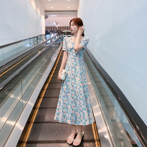 Fashionable fresh chiffon short-sleeved mid-length dress summer new Korean style puff sleeves floral square collar slimming