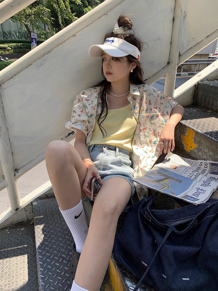 官圖四面彈印花文藝風動物印花短袖襯衫法式減齡休閒寬鬆襯衣女