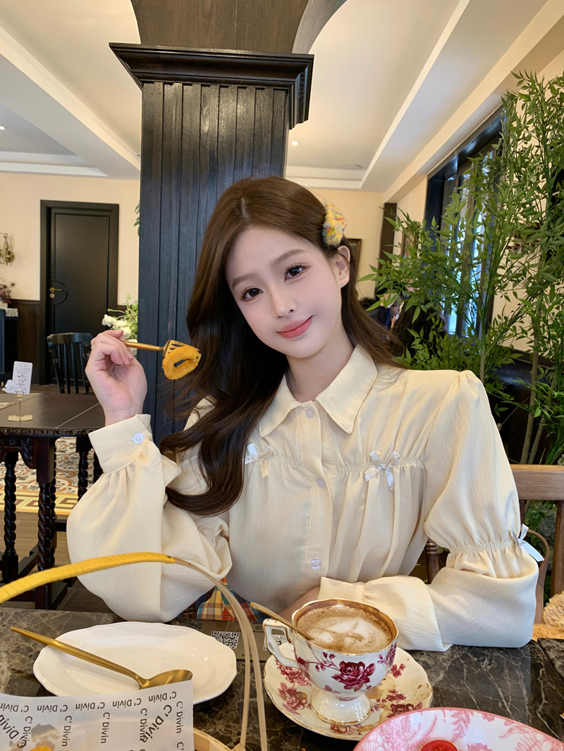 實拍 甜美奶黃色蝴蝶結長袖襯衣女新款小眾設計感溫柔氣質上衣