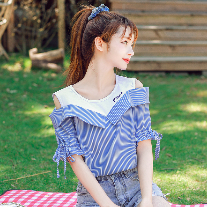 2024實拍夏季新款短袖韓版露肩條紋T恤顯瘦刺繡雪紡衫上衣女