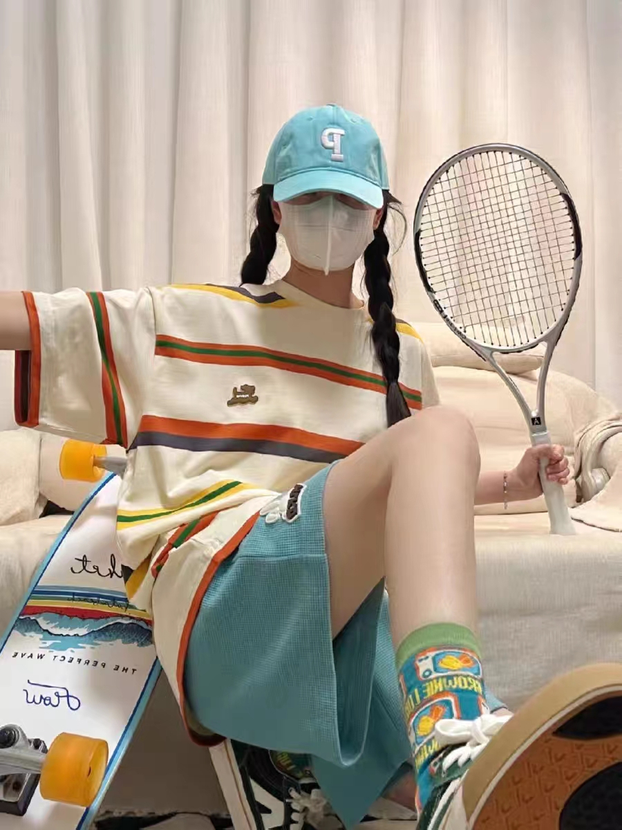 OOTD活力滿滿夏日彩色系條紋運動套裝女夏少年感休閒學院風兩件套