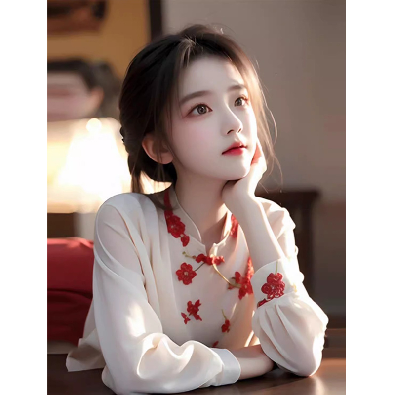 原版做工新中式襯衫春秋獨特漂亮小衫外穿輕國風女裝花朵上衣