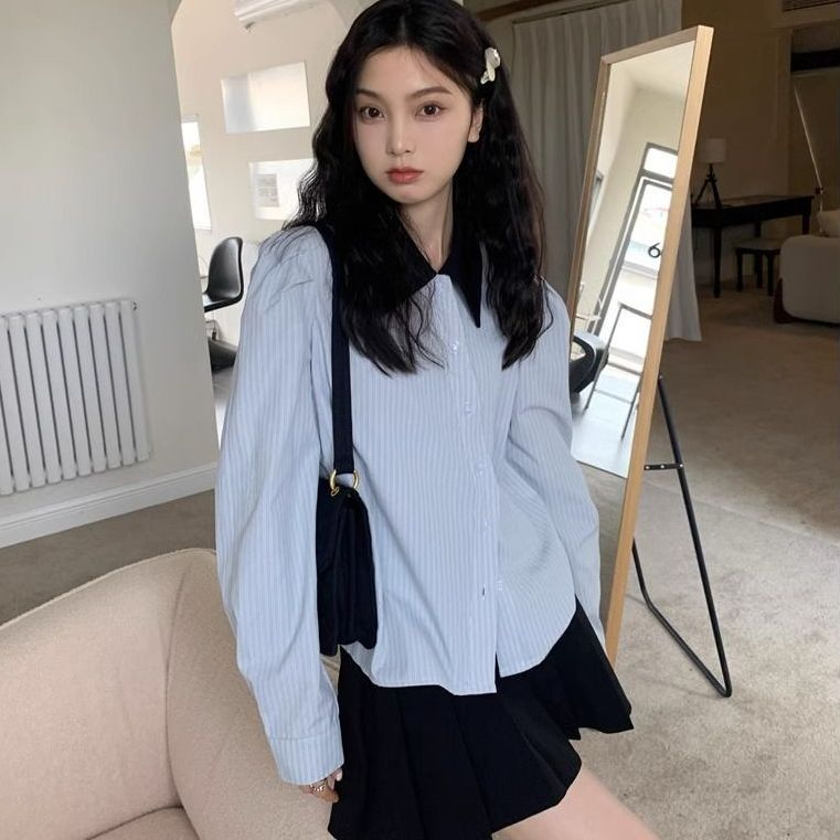 內搭娃娃領長袖藍色條紋襯衫女秋季設計感小眾韓系學院風襯衣上衣