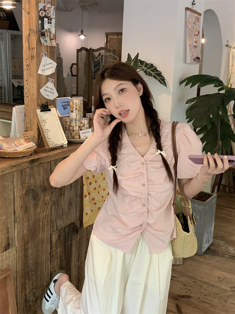 實拍~2024韓版百搭少女感泡泡袖褶皺百搭減齡娃娃襯衫