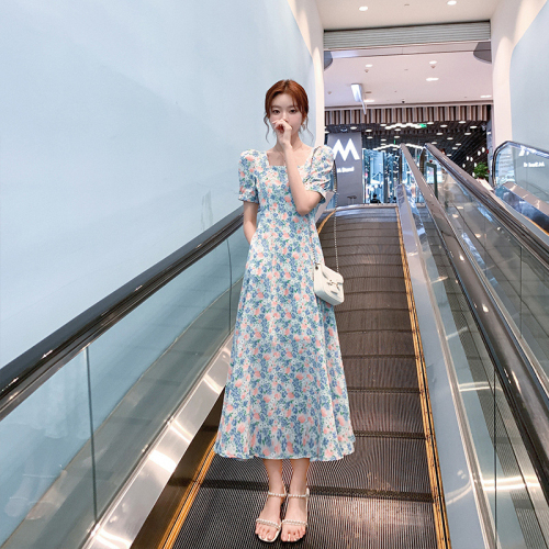 Fashionable fresh chiffon short-sleeved mid-length dress summer new Korean style puff sleeves floral square collar slimming