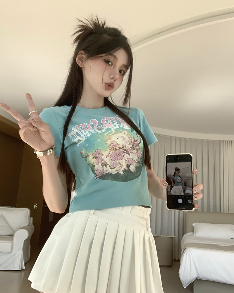 實拍  羊羊花朵印花短袖tee甜辣妹修身減齡百搭圓領上衣