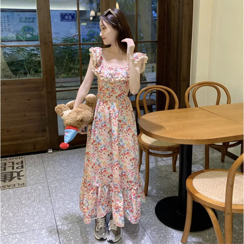 Check out the new summer water girl oil painting girl's one-shoulder splicing lace dress