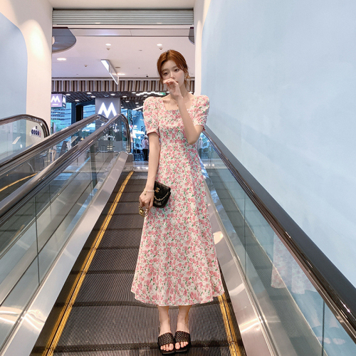 2024 Puff Sleeve Floral Square Neck Slim Fashion Small Fresh Chiffon Short Sleeve Mid-Length Dress Summer New Style