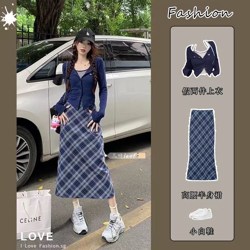 套裝女2024春秋新款學院風修身短款假兩件上衣高腰顯瘦格紋半身裙