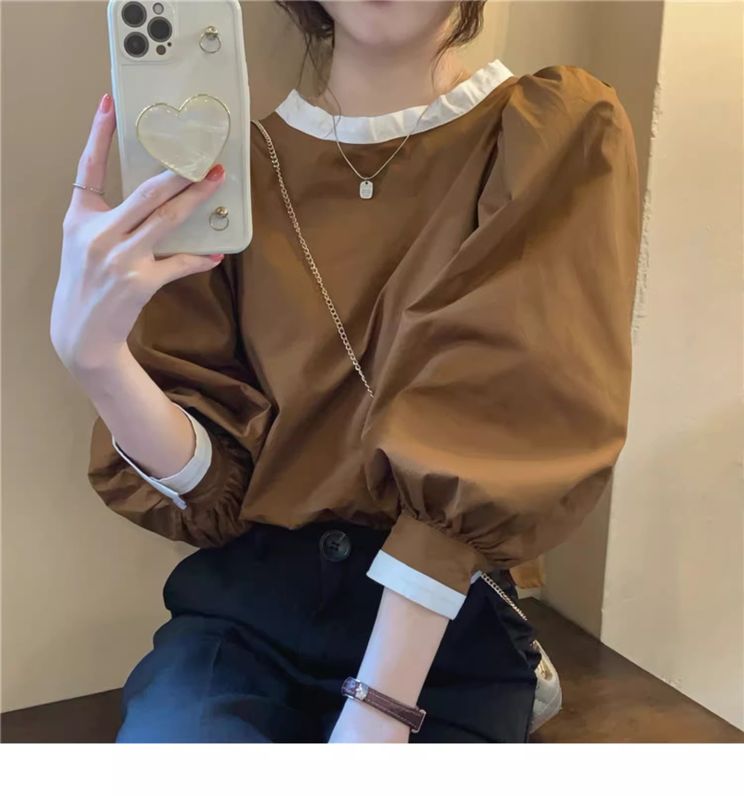 新款韓版寬鬆法式復古長袖襯衫設計感氣質系帶套頭上衣女
