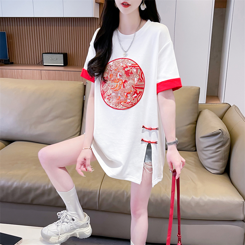 實拍 2024夏季新款韓版寬鬆圓領中國風刺繡中長款大碼短袖T恤女