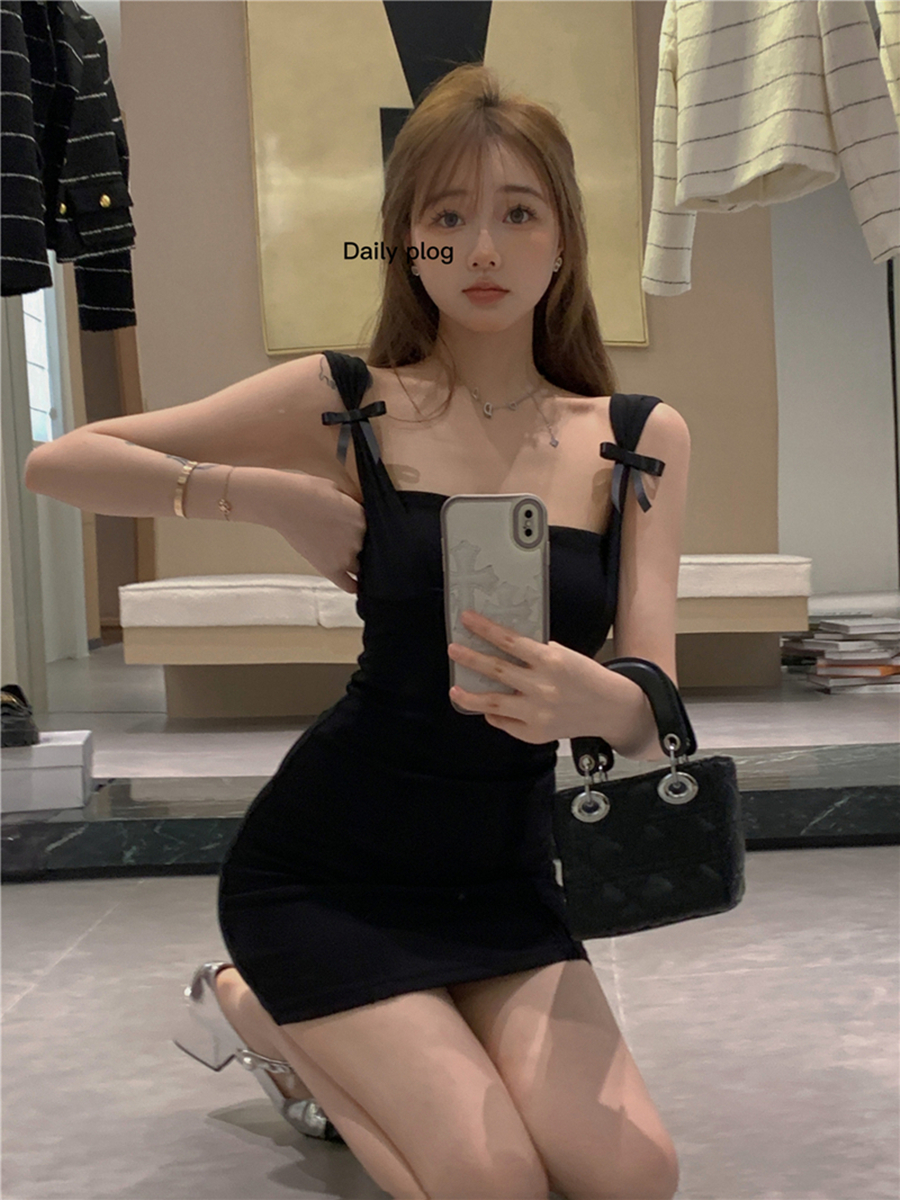 實拍夏季復古性感吊帶連衣裙綁帶蝴蝶結收腰顯瘦包臀裙女