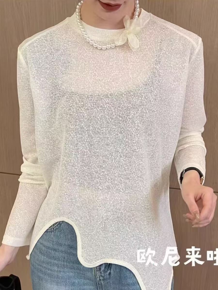 不規則長袖T恤女春2024年新款寬鬆輕薄微透冷淡風高級感上衣