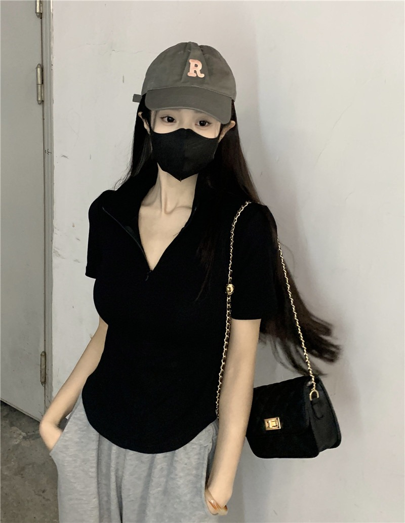 拉鏈短袖polol衫T恤女大胸顯瘦獨特别致設計弧下擺U型短款上衣夏