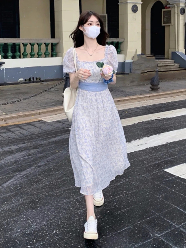 Gentle style floral puff sleeve dress for women summer 2024 new style waist slimming lace-up short-sleeved skirt