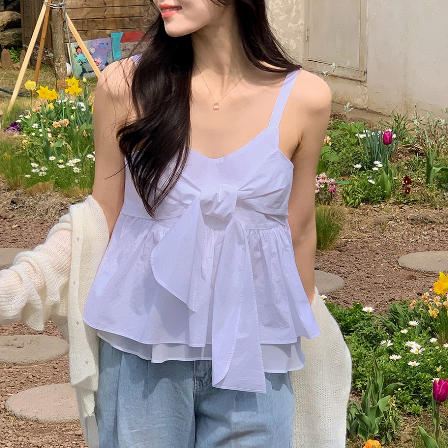 Korean ins French style fresh and elegant design bow double-layer camisole versatile top