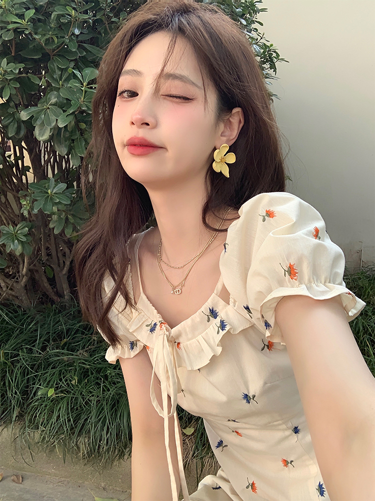 韓國 夏季珍珍家小個子連衣裙女新款法式碎花裙設計感小眾a字裙子