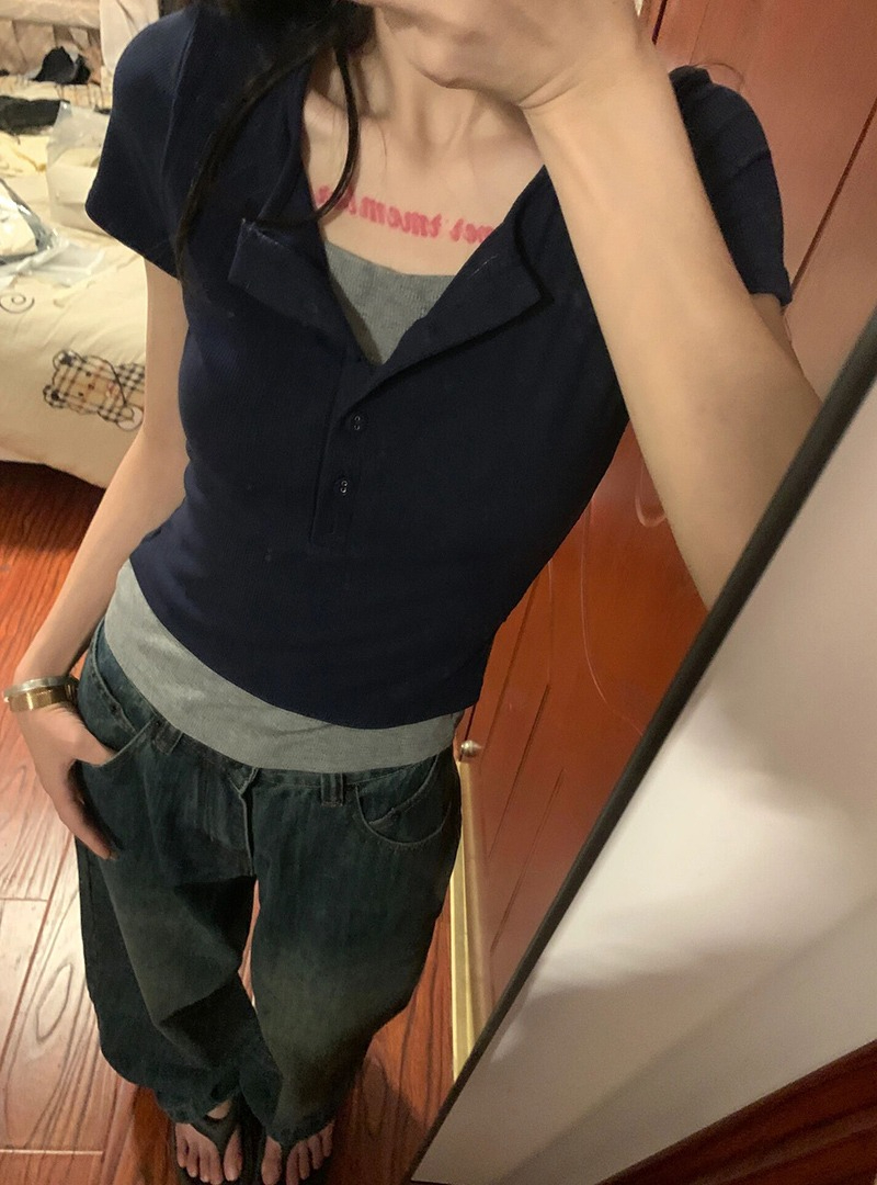 仿棉韓版超好看假兩件紐扣短袖t恤女夏修身顯瘦別致休閒百搭上衣
