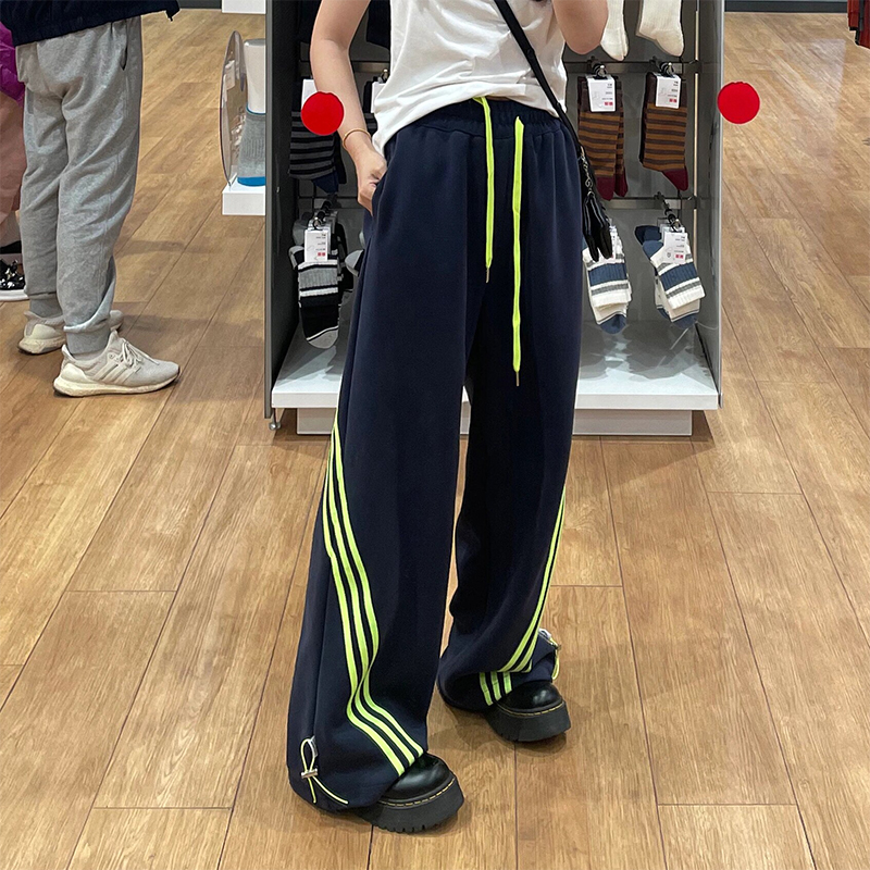 美式復古條紋藏青色衛褲子女休閒寬鬆慵懶闊腿運動拖地褲