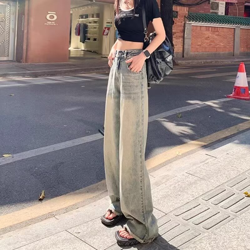 黃泥做舊闊腿牛仔褲女春季新款復古高腰寬鬆顯瘦百搭毛邊直筒褲子