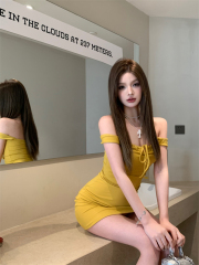 Real shot of pure lust style white yellow suspender dress small butt-hugging tight drawstring sexy short skirt