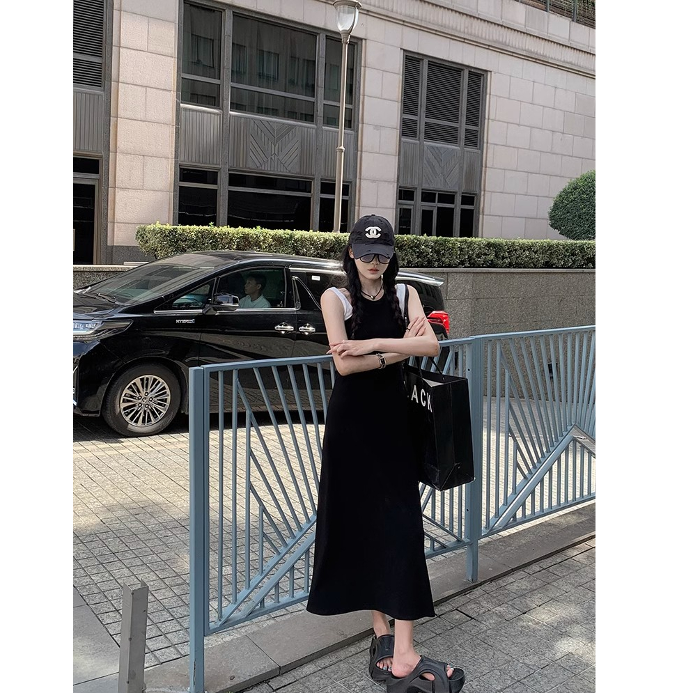 新款韓版簡約休閒撞色假兩件長款針織背心連衣裙女裝chic