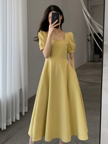 Korean puff sleeve solid color square collar slim and fashionable fresh chiffon short-sleeved mid-length dress summer new style