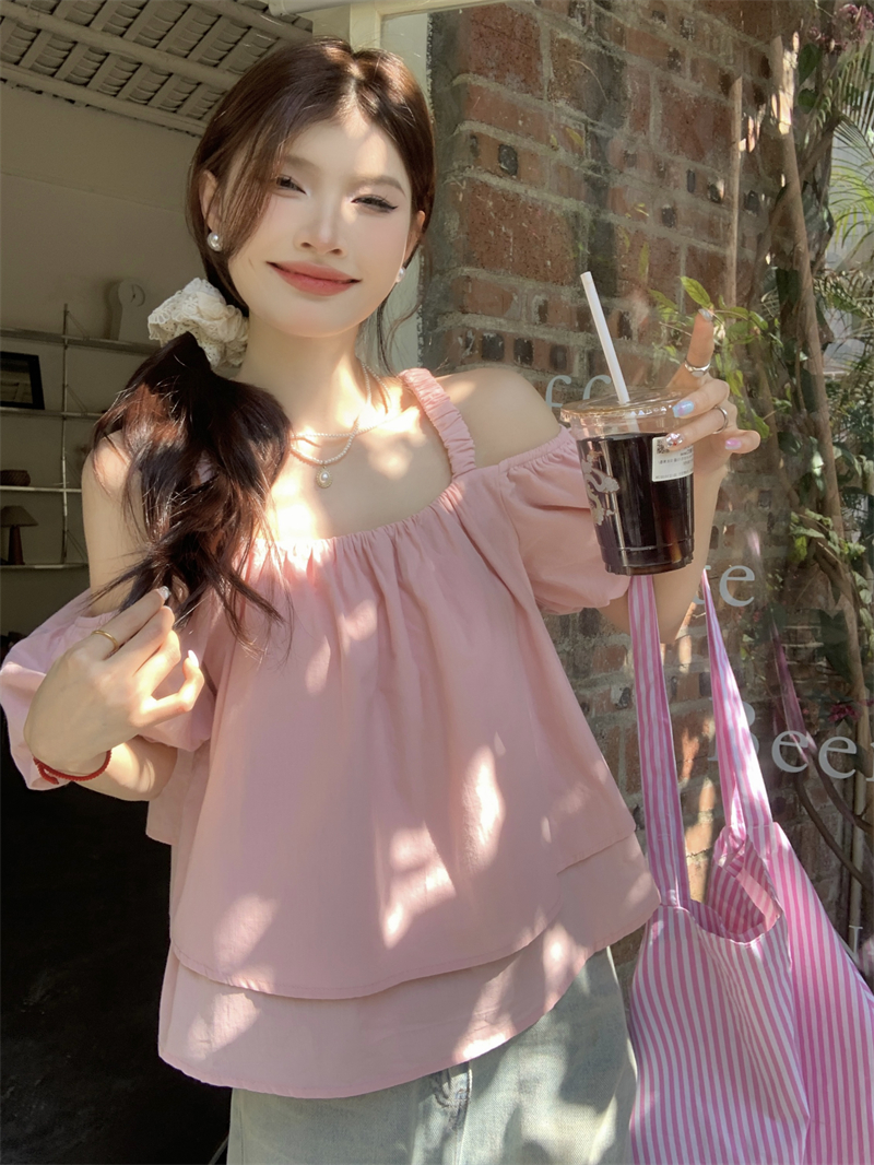 實拍泡泡袖一字肩短袖娃娃衫純欲設計感雙層甜美減齡襯衫