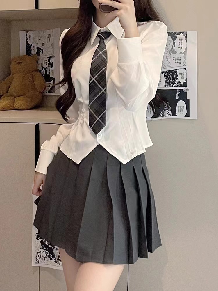 收腰jk制服襯衫女純欲設計感辣妹上衣2024新款修身短款長袖白襯衣
