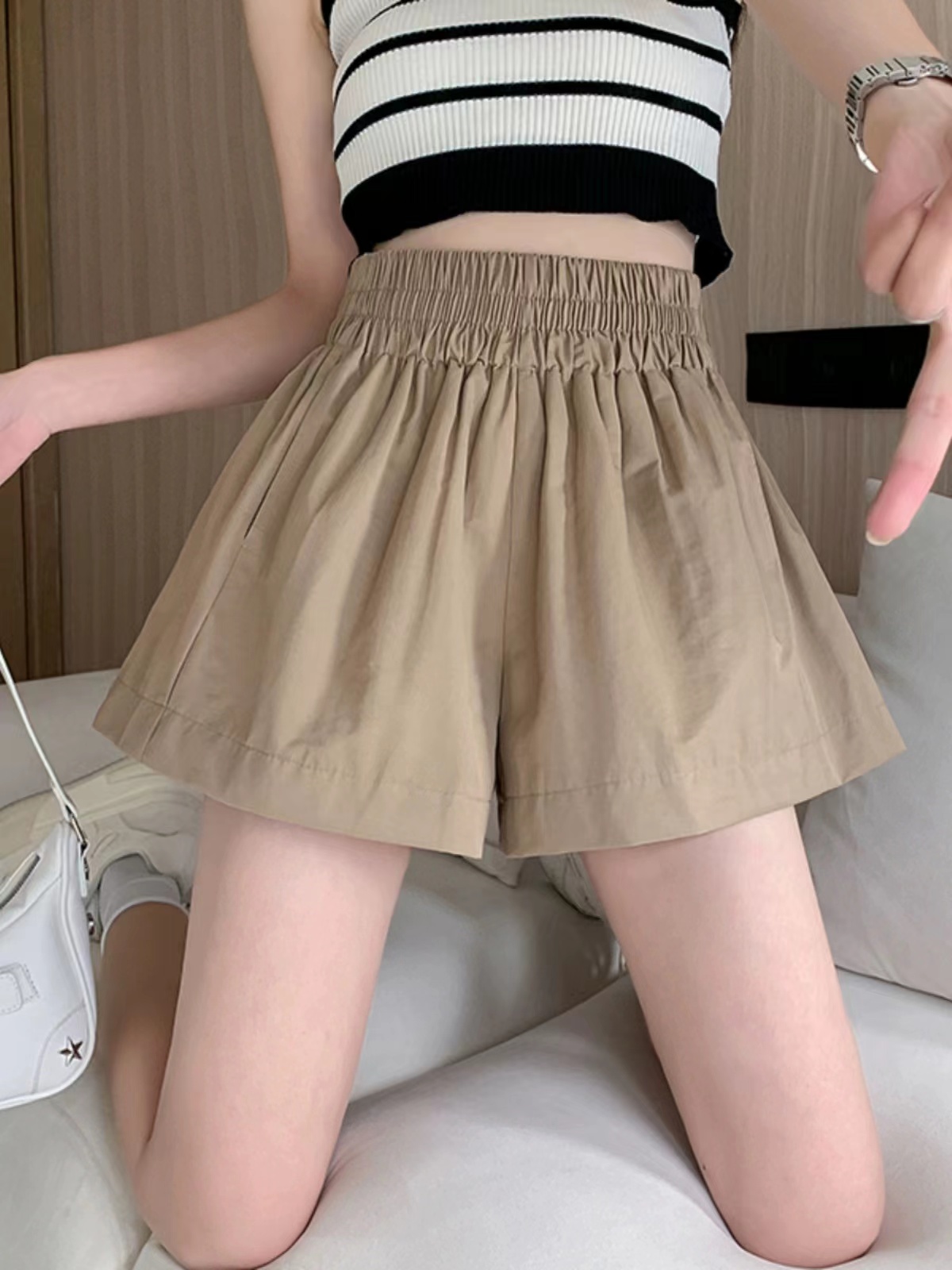 官圖 水洗全棉 高腰闊腿短褲女夏季新款韓版寬鬆休閒褲女