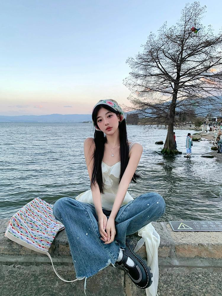 海邊度假不規則荷葉邊無袖小吊帶女夏季2024新款氣質溫柔修身上衣
