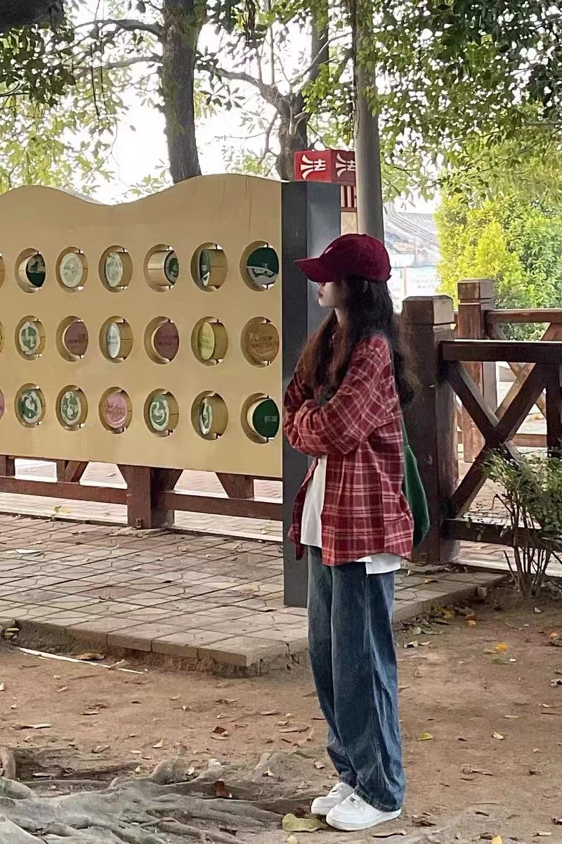 美式高級紅色格子襯衫女春秋2024新款寬鬆慵懶風長袖襯衣上衣外穿