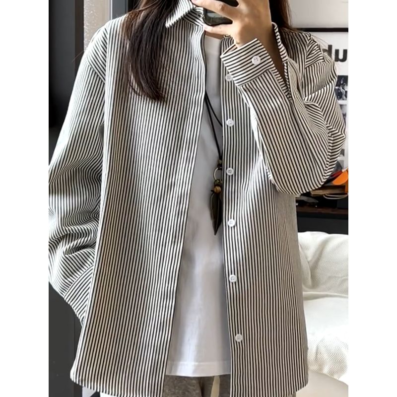 百搭條紋純棉襯衫女夏季設計感小眾外套式上衣少年感穿搭寬鬆襯衣