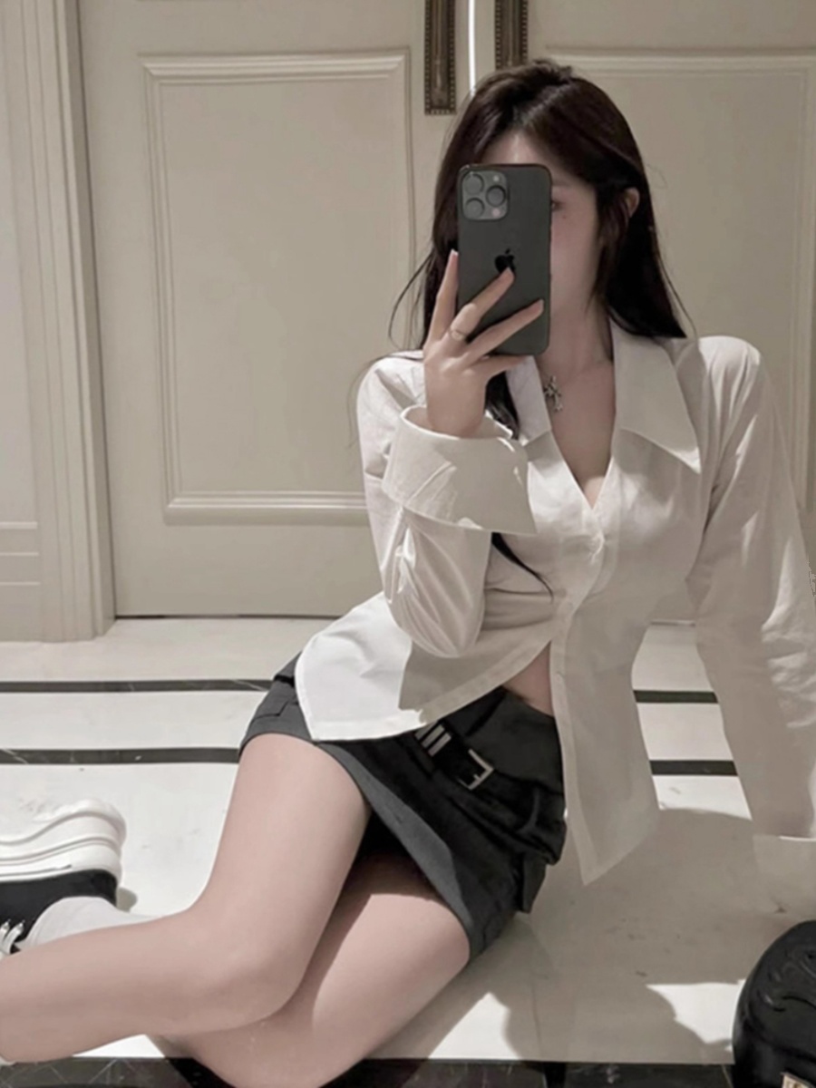 已出貨 純欲風辣妹性感白襯衫設計感小眾收腰獨特V領上衣長袖襯衣