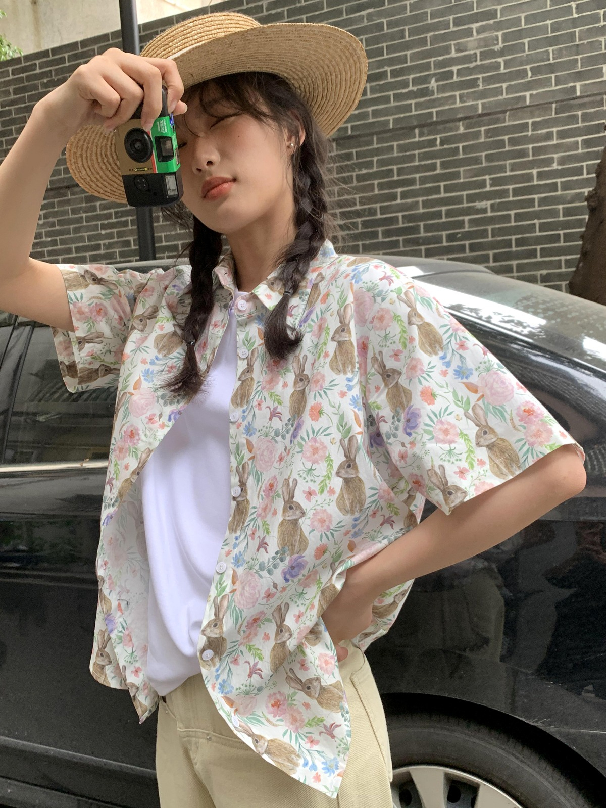官圖四面彈印花度假風襯衫夏季復古休閒寬鬆小個子日系短袖襯衣